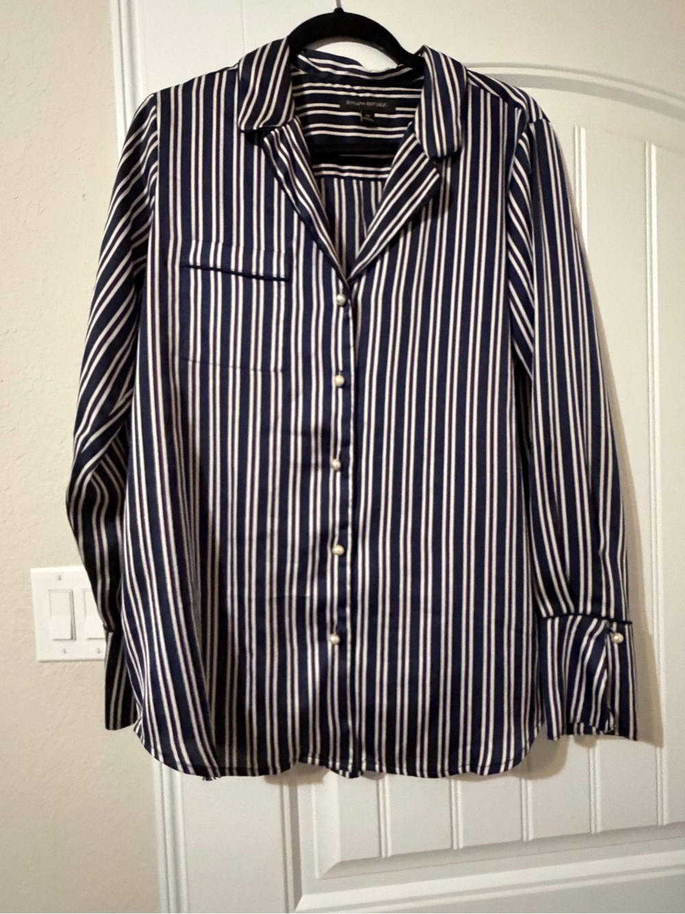 Banana Republic Navy and White Striped Button-Up Blouse
